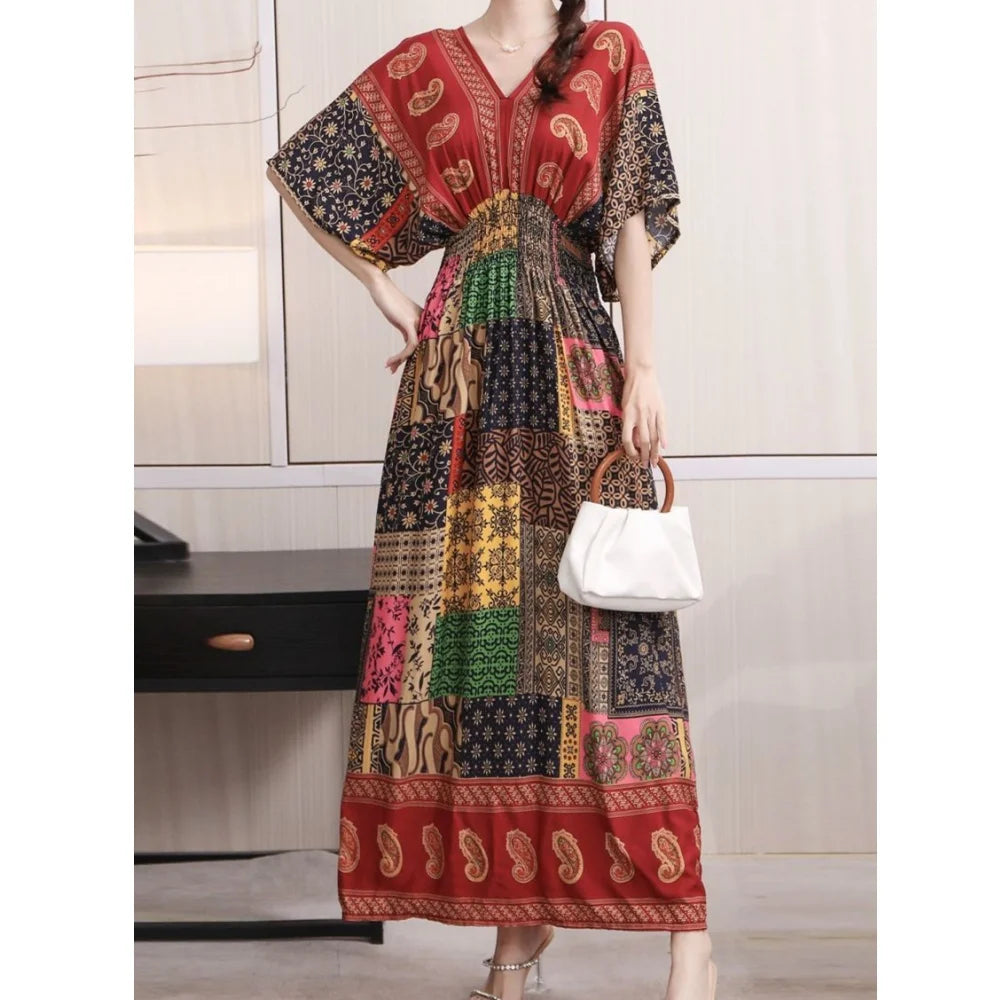 Boho Chic Short Sleeve Dress Slash Neck Elegant Women Dress Vintage Romantic Print Midi Dress Holiday Dress New Clothes Trend