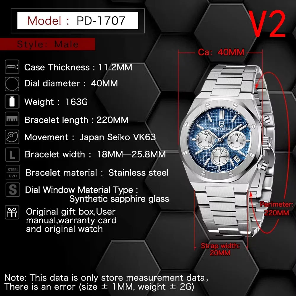 PAGANI DESIGN New VK63 Men'S Quartz Watch 40mm Sapphire Stainless Steel Waterproof 20bar Luminous C3 Sports Chronograph