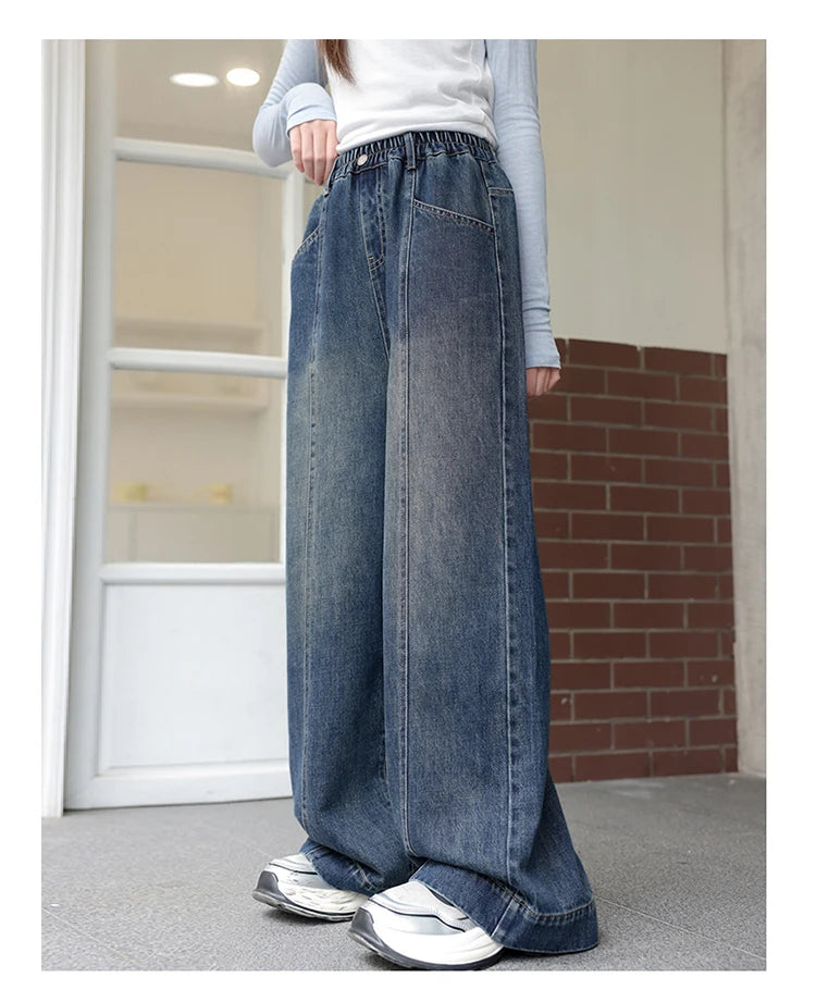 Teenager Girl Blue Jeans Fashion Retro Straight Leg Children Trousers Youth Lady Baggy Vintage Wash Casual Denim Pants Age 8-16Y