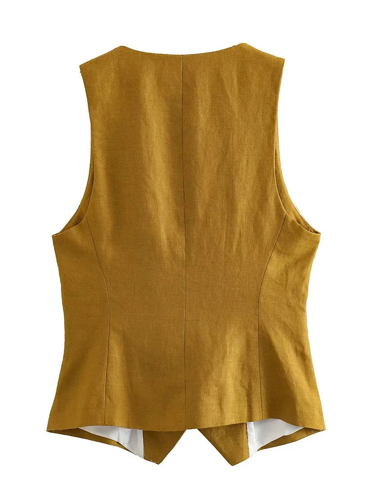Willshela Women Fashion Two Piece Set Khaki Tank Tops & Straight Leg Pants Vintage V-Neck Single Breasted Female Chic Pants Suit