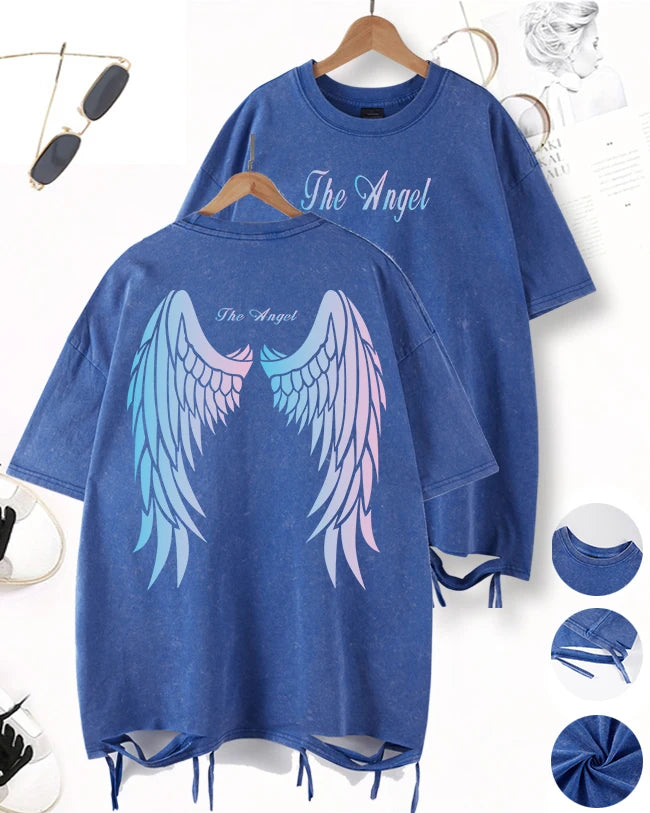 Gradient Wings Design Washed Holes T-Shirt Men Sport Cool Short Sleeve Breathable Cotton O-Neck Top Casual Unisex Loose Clothes