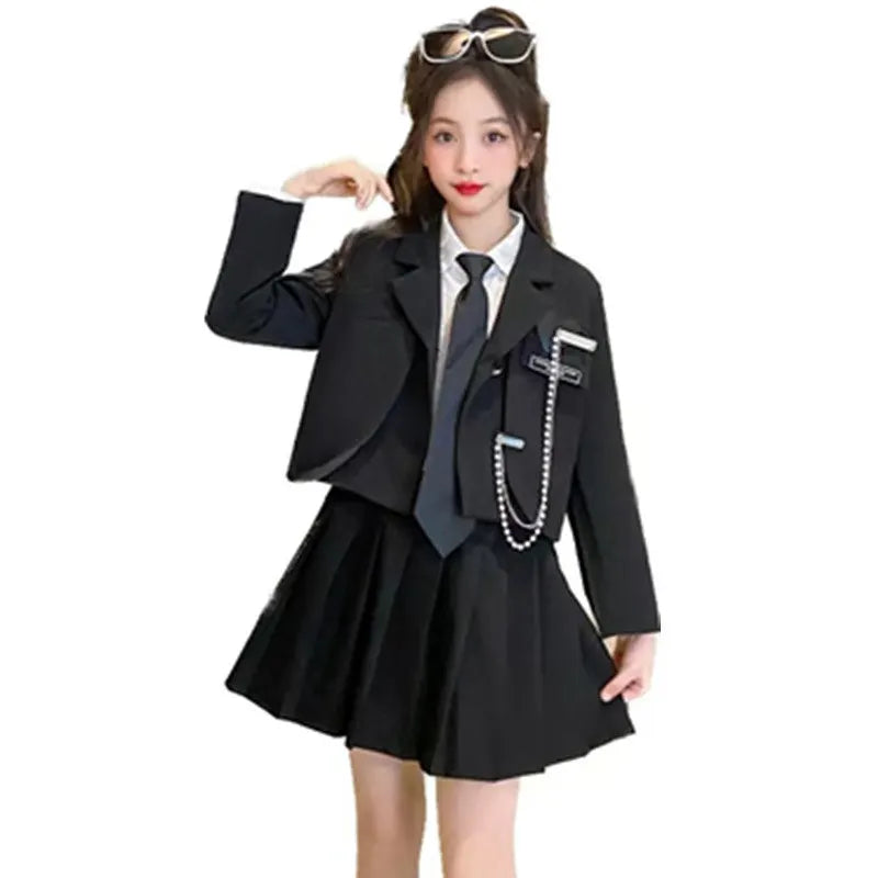 Junior Girl JK School Uniform Set Unique Formal Chain Smart Jackets and Pleated Skirt 2Pcs School Kids Child Uniform Blazer Suit