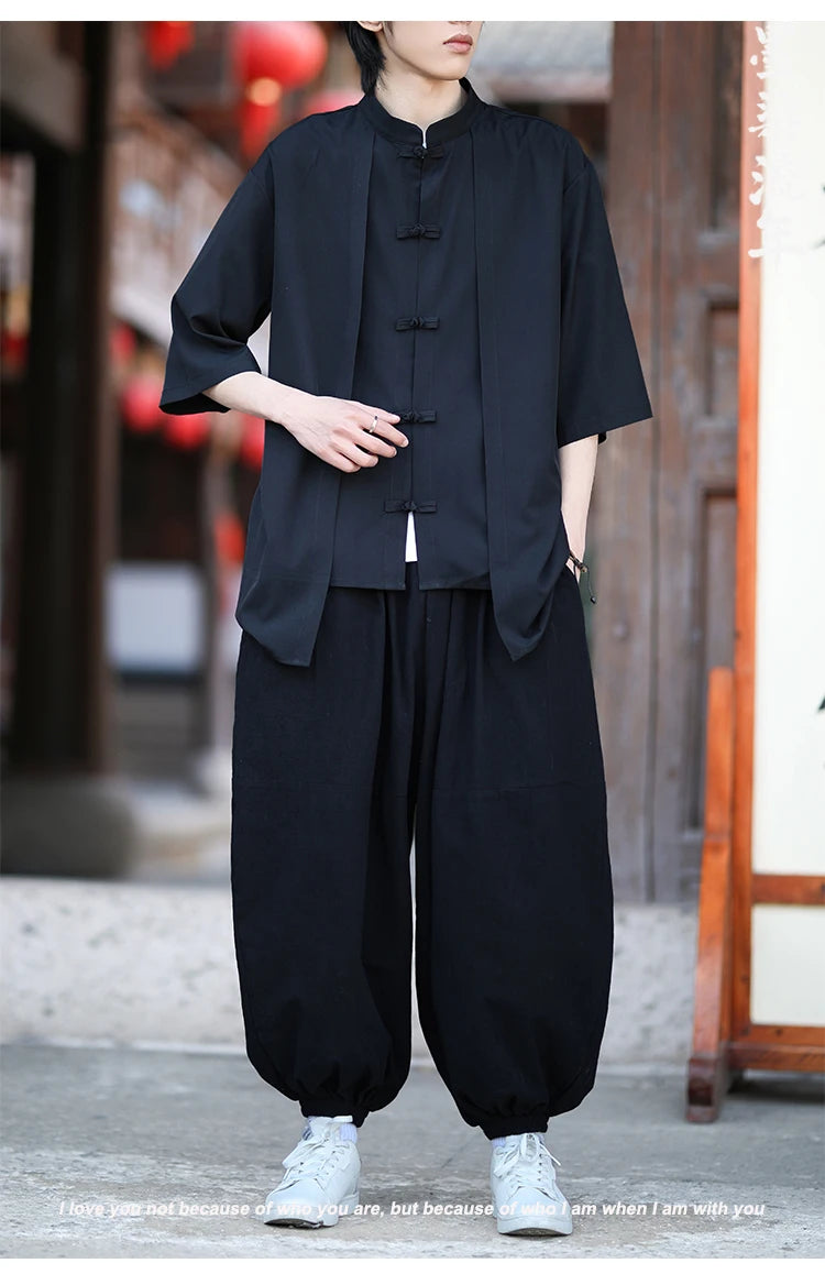 Chinese Shirt Men Ice Silk Chinese Style Comfortable Breathable Retro Shirt  Men Casual Summer Loose Fit Fashion Solid Color Top