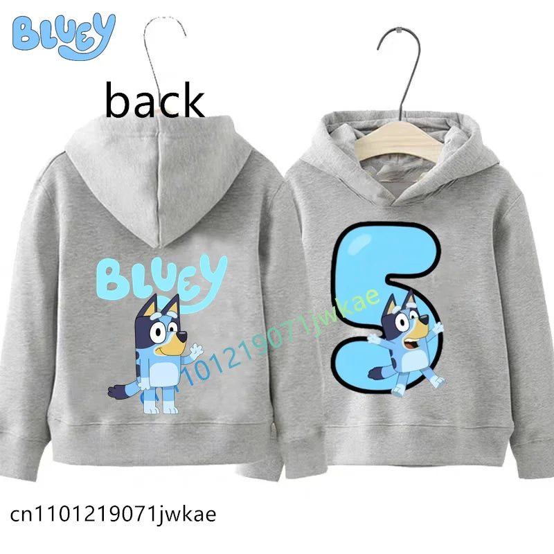 Bluey Birthday Number Print Hoodie Kids 1-9Y Front Back Design Long Sleeve Sweatshirt Boys Girls Casual Tops Birthday Party Wear