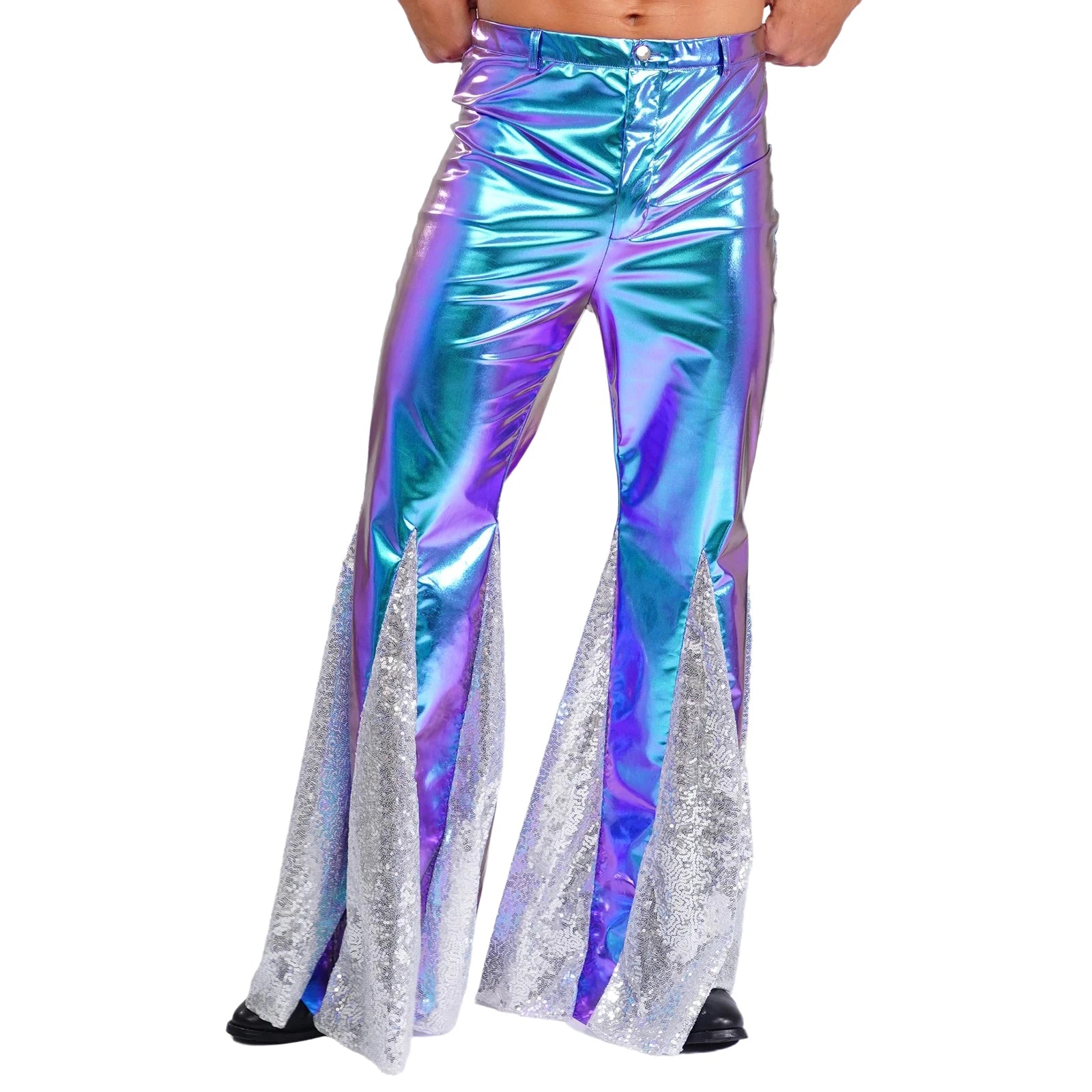 Mens Shiny Metallic 70s Disco Pants Hippie Vintage Costume Dance Party Sequins Bell Bottoms Stage Performance Flared Pants