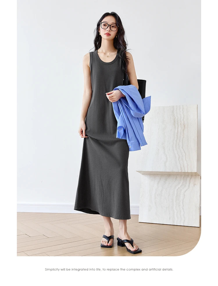VIMLY Summer Tank Dresses 2026 Woman Simple Gray Cotton Blend Knitted Loose Sleeveless A Line Long Dress Women's Clothing M9852