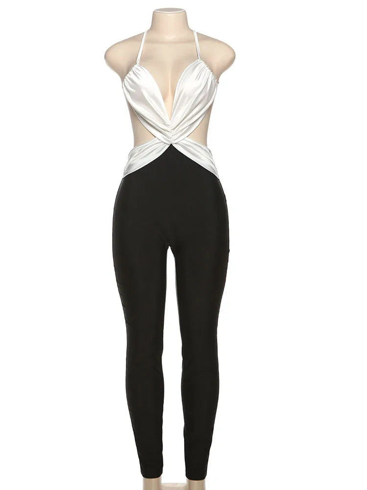Nibber Slim Sexy Backless Jumpsuit Women Sleeveless Cross Ruched Wrap Straps Midnight Coquette Workout Activity Fitness Overalls