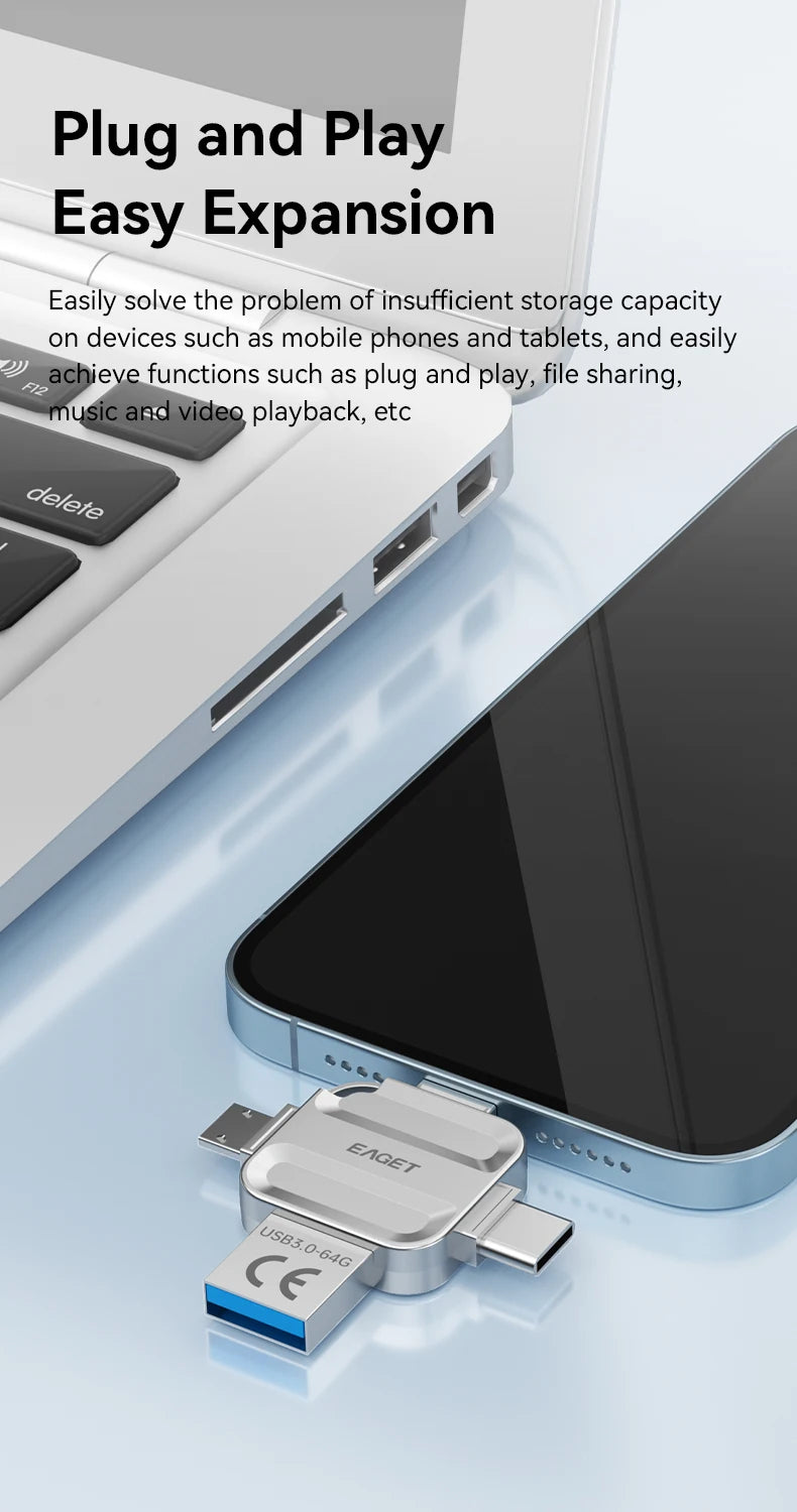 EAGET 4-in-1 OTG USB 3.0 Flash Drive[32GB/64GB/128GB/256GB] Type C Lightning Micro USB for iPhone Android, Memory Stick - i71