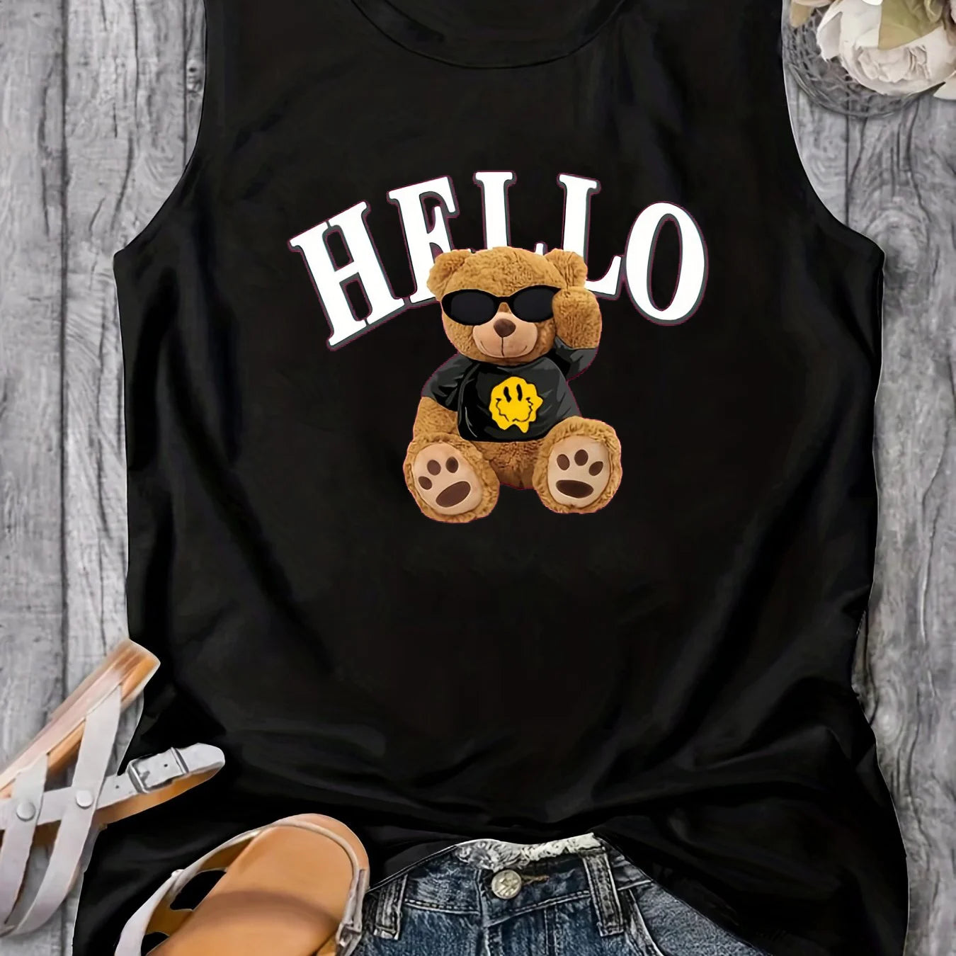 Women's Summer HELLO BEAR Crew Neck Breathable cartoon Print Large Casual Round Neck Sleeveless Loose Tank Top T-shirt