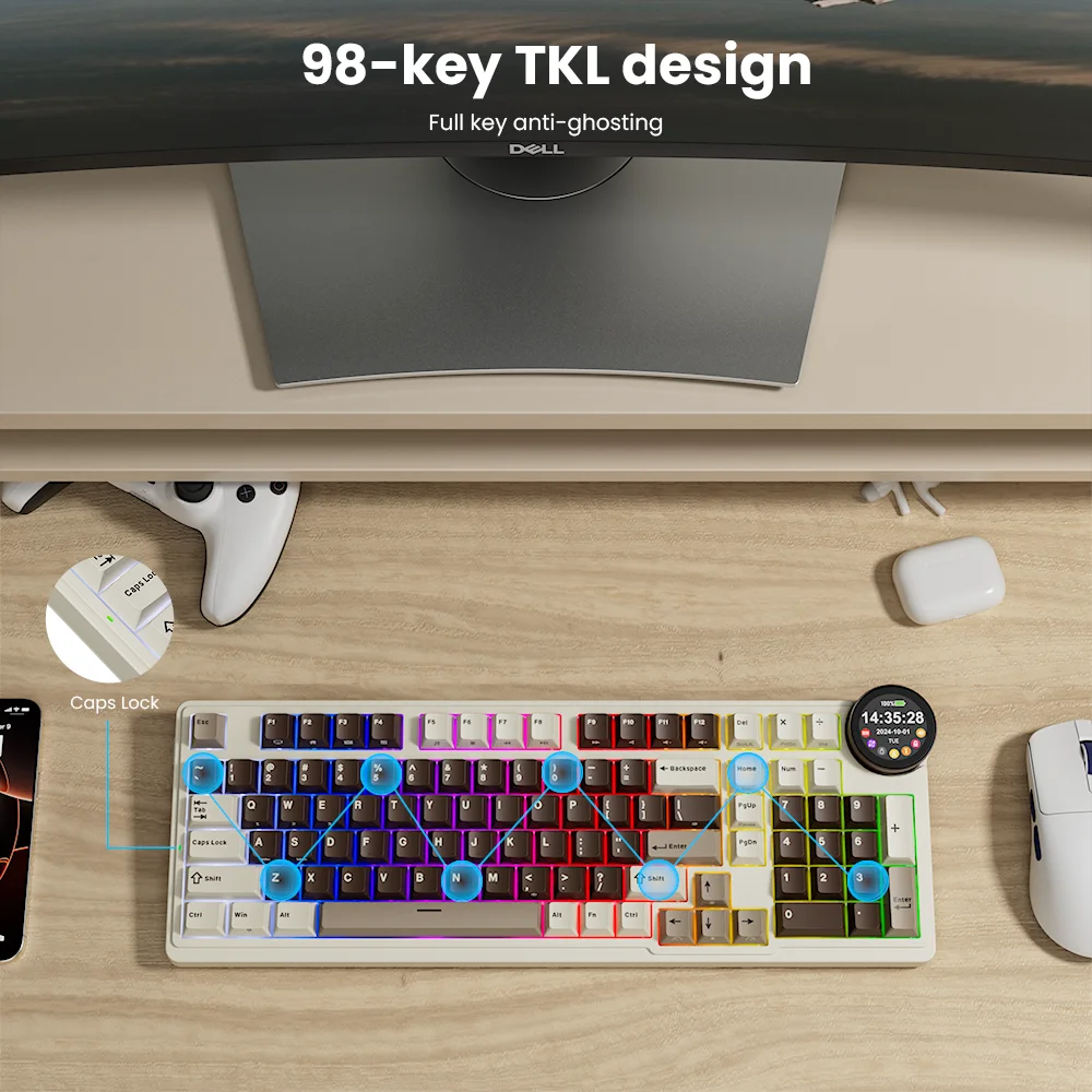 ROYAL KLUDGE RK N99 Wireless Mechanical Keyboard 98 Keys PBT Keycaps Gasket RGB Tri-mode Bluetooth Gamer Keyboard Display Screen