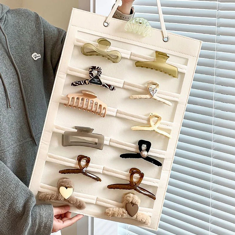 Hanging Hair Claws Clip Storage Organizer for Women Girls Soft Felt Headbands Display Hairpin Sunglasses Accessories Holder Bag