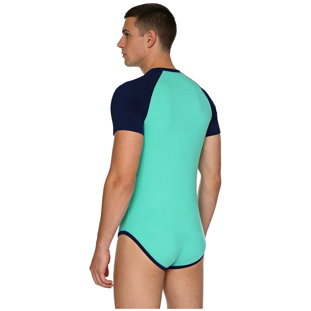 Men Workout Fitness Gym Sport Bodysuit Short Sleeve Openable Crotch Patchwork Jumpsuit for Workout Gym Sports Swimming Outfits