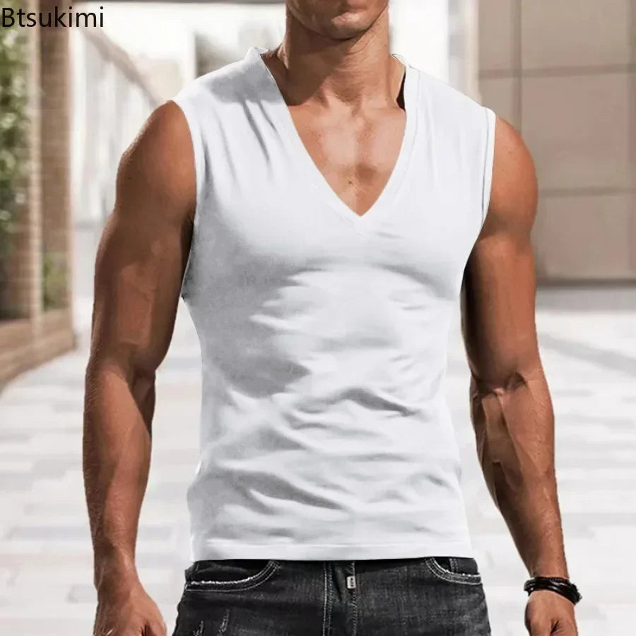 New 2026 Men's Summer Vest Fashion V-Neck Solid Cotton Sleeveless Pullovers Casual Fitness Tees Sports Running Tank Tops for Men