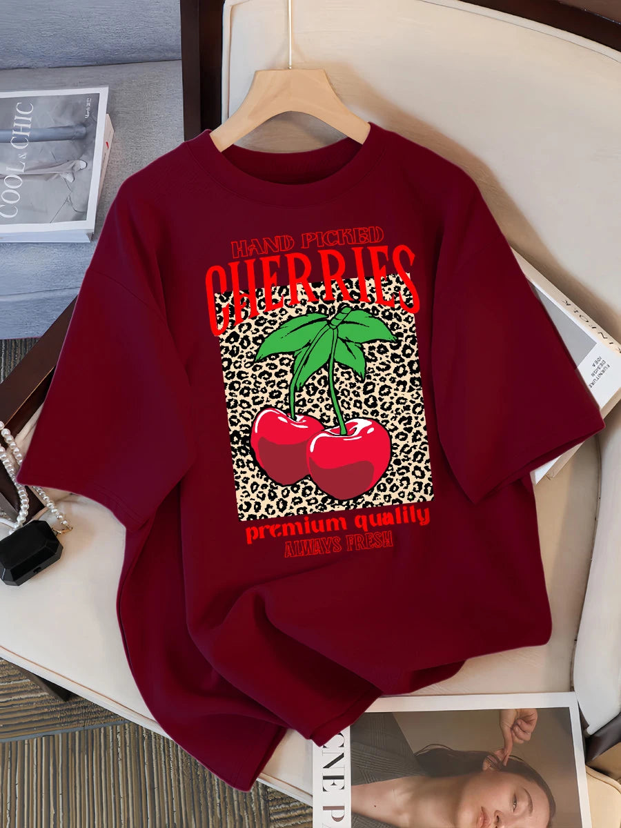 Hand Picked Cherries Always Fresh Printing T-Shirt Women Cotton Crewneck T Shirts Summer Loose Clothes Multicolor Short Sleeve