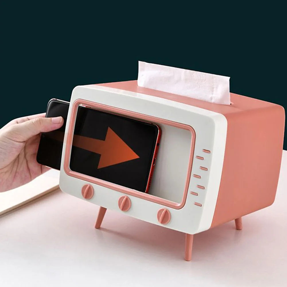 Creative Cartoon TV Shape Tissue Box Mobile Phone Holder Stand Home Living Room Office Toilet Tissue Box Kawaii Desktop Decor