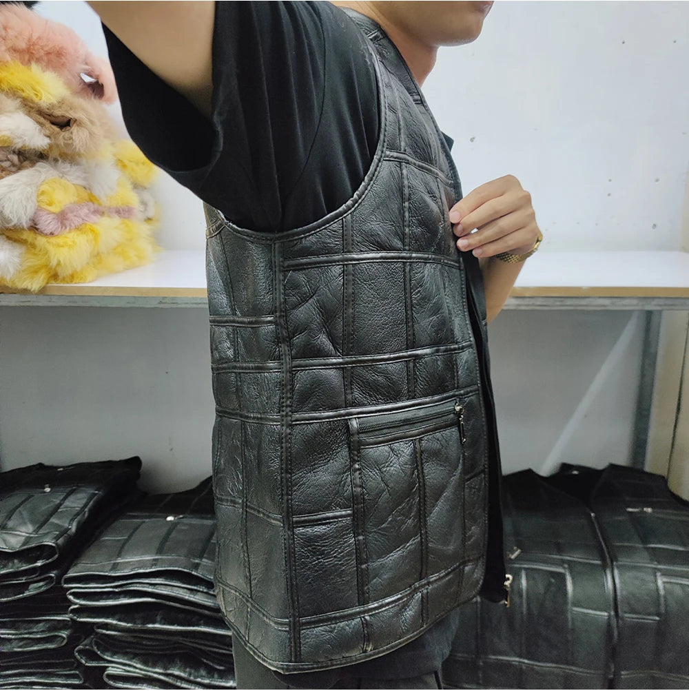 2026 Real Sheepskin Genuine Leather Vest Men Black Waistcoat Male Sleeveless Jacket Thick Motorcycle Vest Multi Pocket Zipper