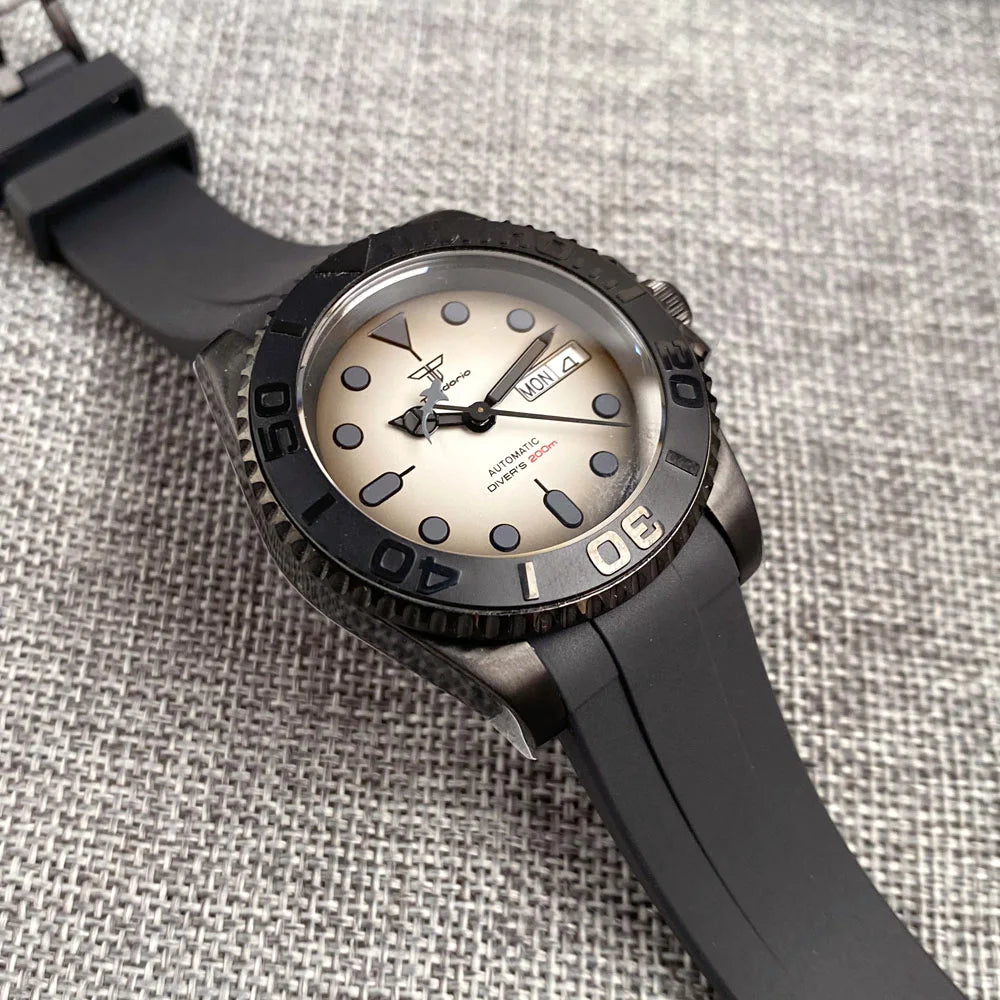 Tandorio 200M Waterproof NH36A Vintage Black Dial Automatic Men Swim Diver Watch PVD Case Date Week Display Rubber Band