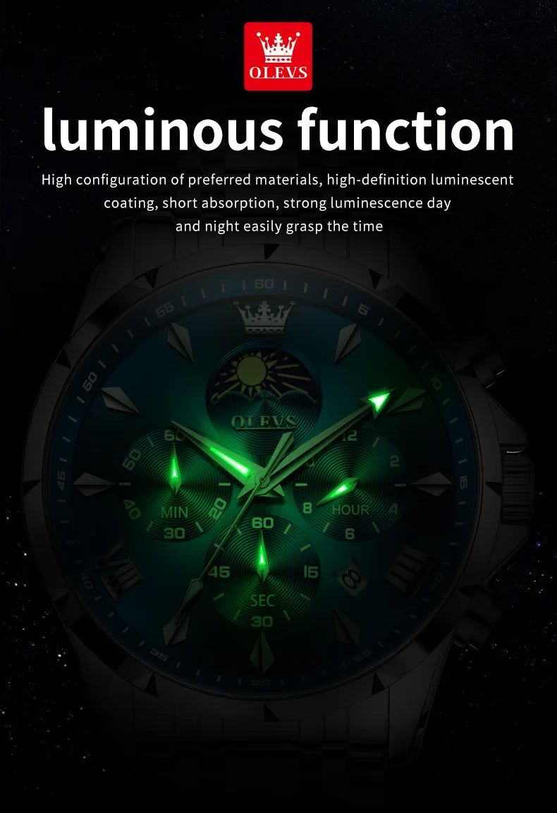 OLEVS 3653 Luminous Chronograph Stainless Steel Quartz Watch for Men Waterproof Sports Calendar Date Wristwatches Reloj Hombre