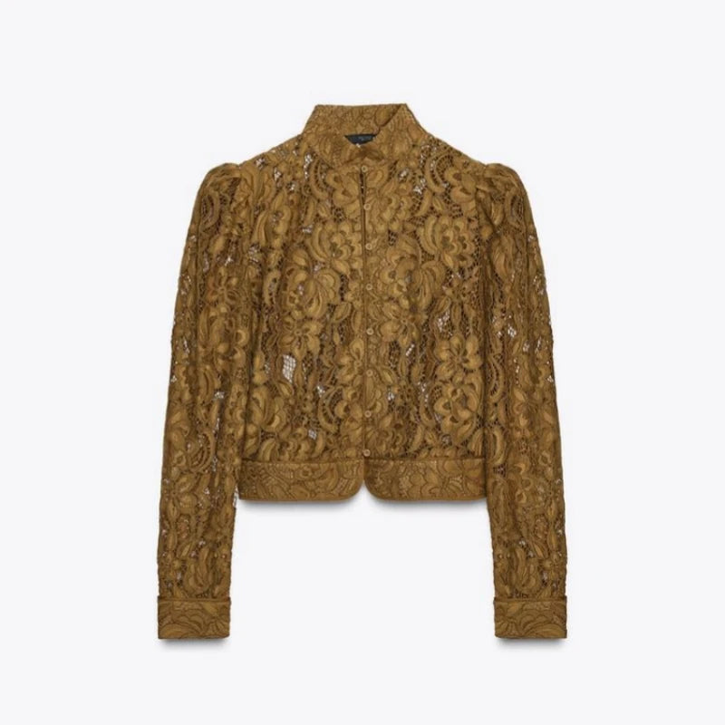 Ladies Elegant Hollow Out Lace Blouse 2026 Chic See Though Single Breasted Long Sleeve Shirts Spring New Female Blouse Shirts
