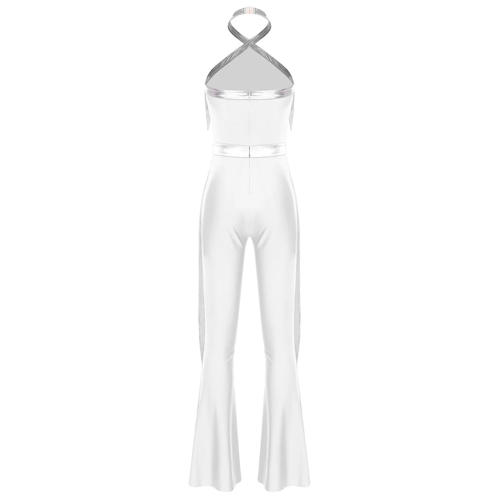 Womens 70s Disco Party Jumpsuit Halter Shiny Sequins Tassel Flared Pants Latin Jazz Dance Rompers Rave Festival Prom Clubwear