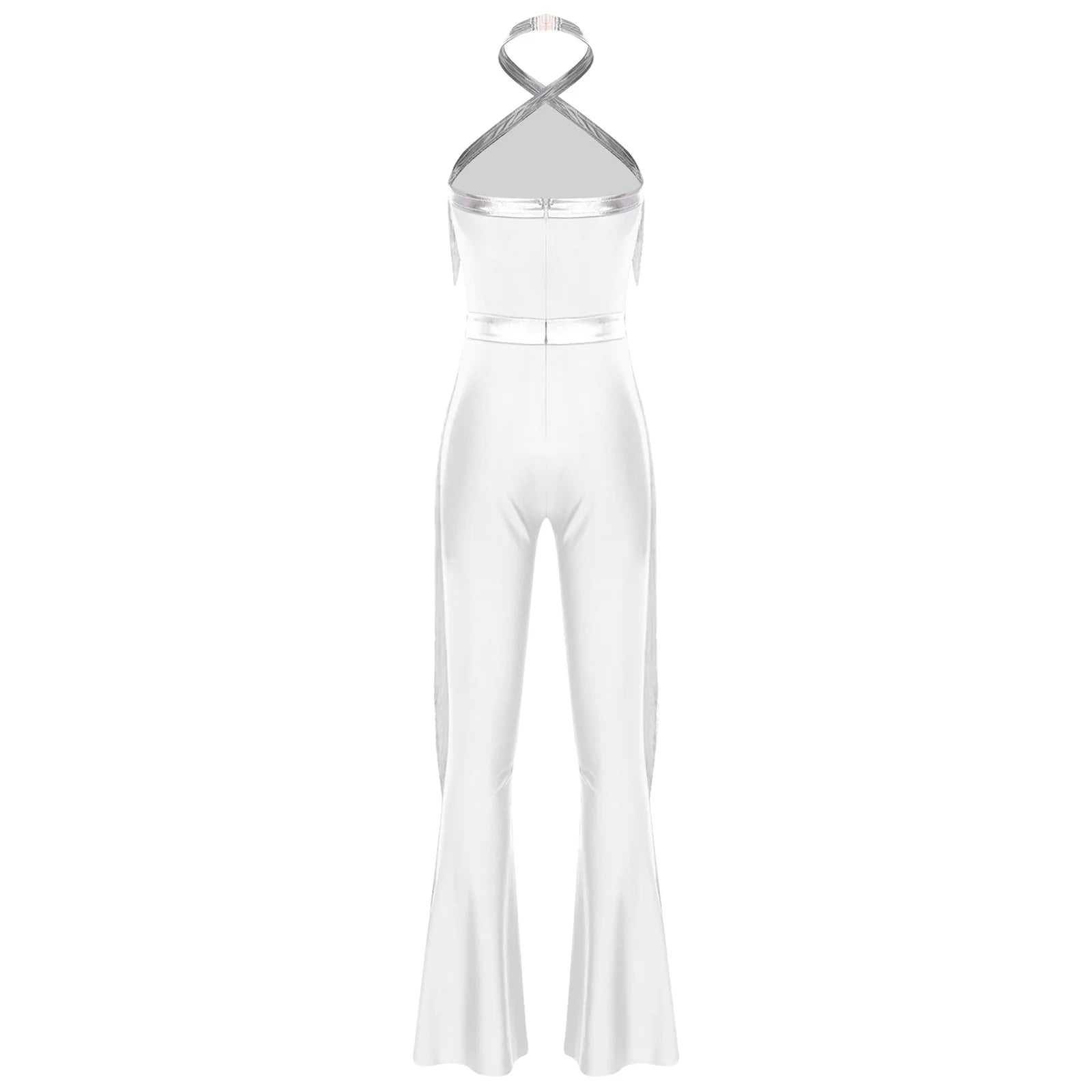 Womens 70s Disco Party Jumpsuit Halter Shiny Sequins Tassel Flared Pants Latin Jazz Dance Rompers Rave Festival Prom Clubwear