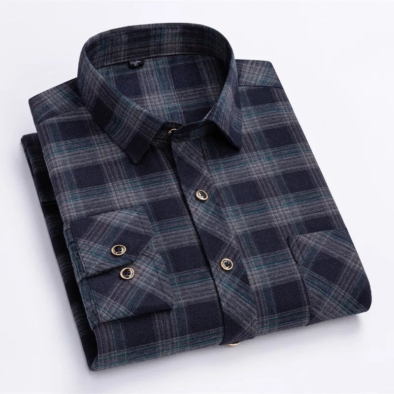 New Cotton Flannel Plaid Shirt For Men's Long Sleeve Regular-fit Brushed Single Pocket Soft Comfortable Casual Fashion Shirts