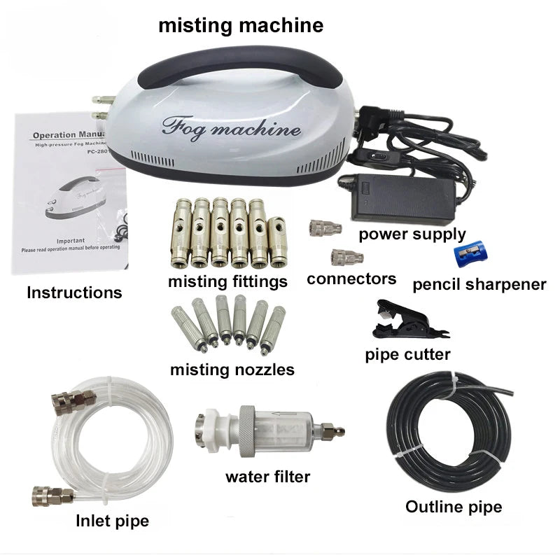 High Pressure Fog Machine Misting Pump Spray Kit with 10M Tubes + 1/4'' Quick Connection + High Pressure Mist Nozzle for Cooling