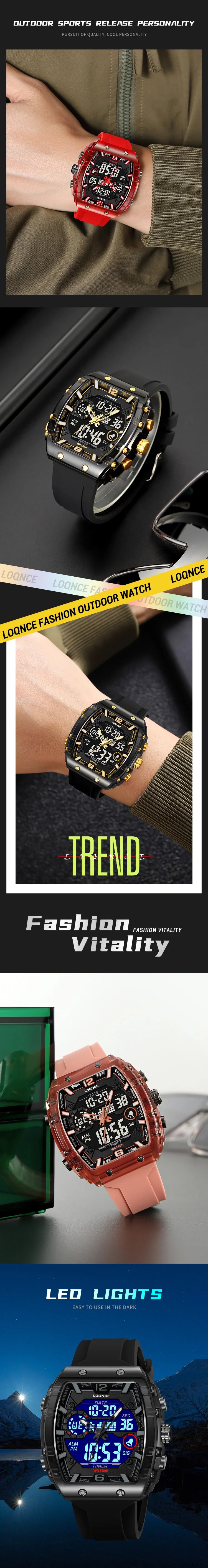 Fashion LOQNCE 98003 Men's Watch High Quality Analog-Digital Dual Movement Calendar Luminous 50M Waterproof Watch Silicone Band