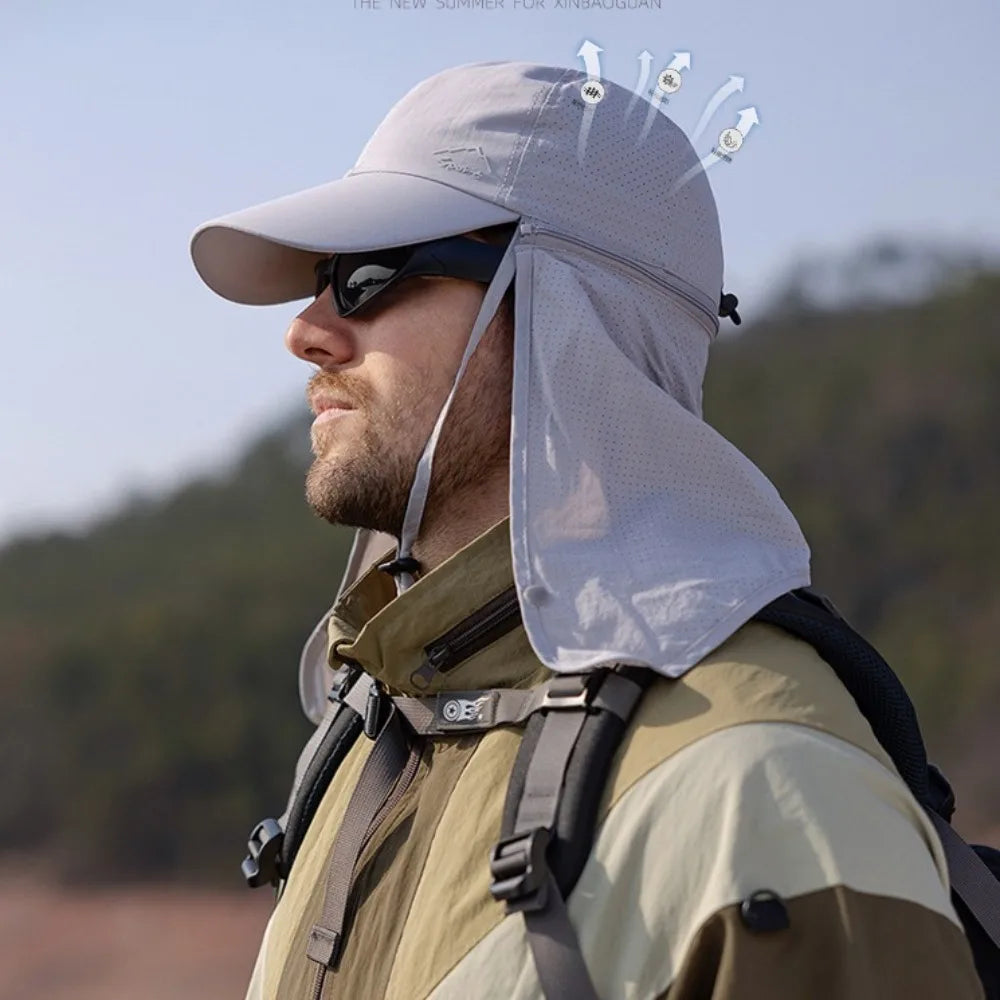 Portable Face Mask Man Sun Hat Mesh Breathable Sun-cream Bucket Hat Detachable Shawl Wide Brim Outdoor Fishing Cap Man Woman