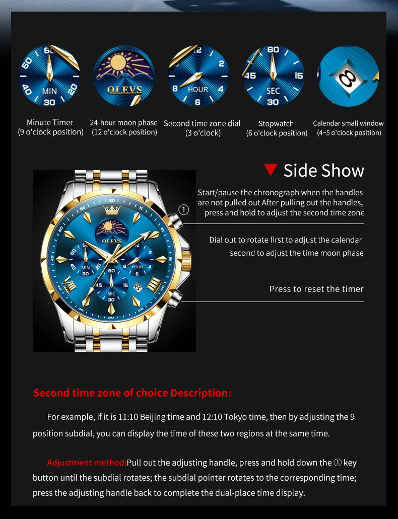 OLEVS 3653 Luminous Chronograph Stainless Steel Quartz Watch for Men Waterproof Sports Calendar Date Wristwatches Reloj Hombre
