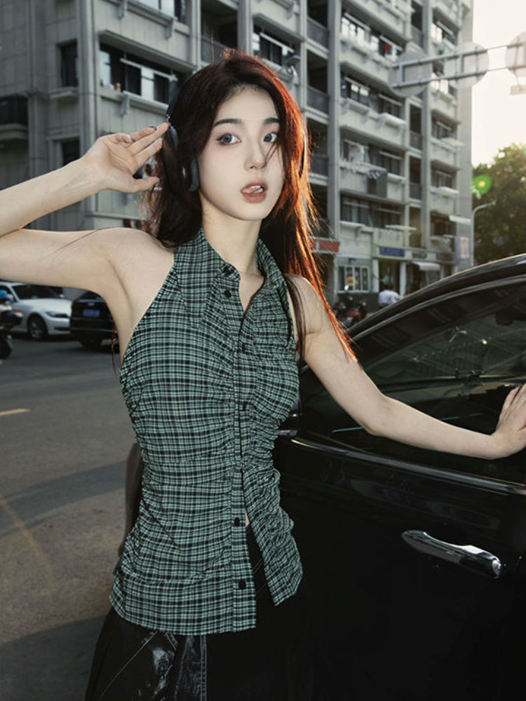 MEXZT Y2K Plaid Tanks Tops Women Vintage Sexy Halter Camis Summer Gyaru Harajuku Aesthetic Sleeveless Casual Design Clothes New