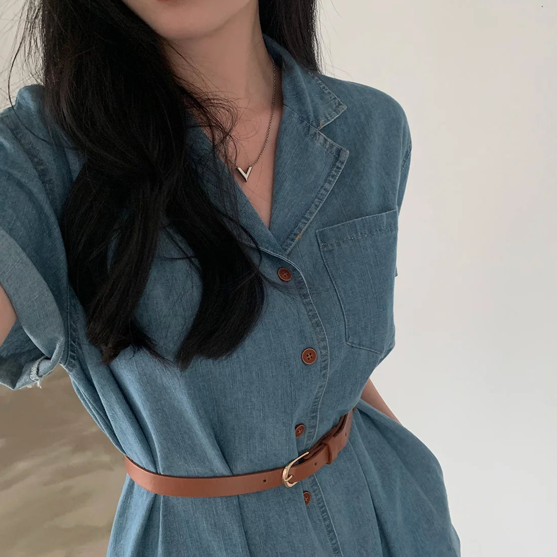 Slimming Chic Retro Chic Long Dr with Belt High Waist A-Line Skirt ort Sve Korean Sle Commute Dr Denim Dr