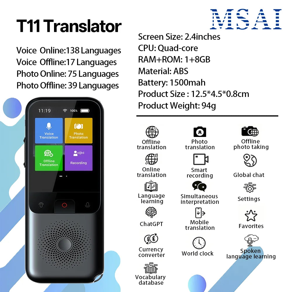 MSAI T11 Translator 138 Languages for Travel Real-time 17 Languages Offline Translation Photo 75 Languages 1500mAh 1+8GB