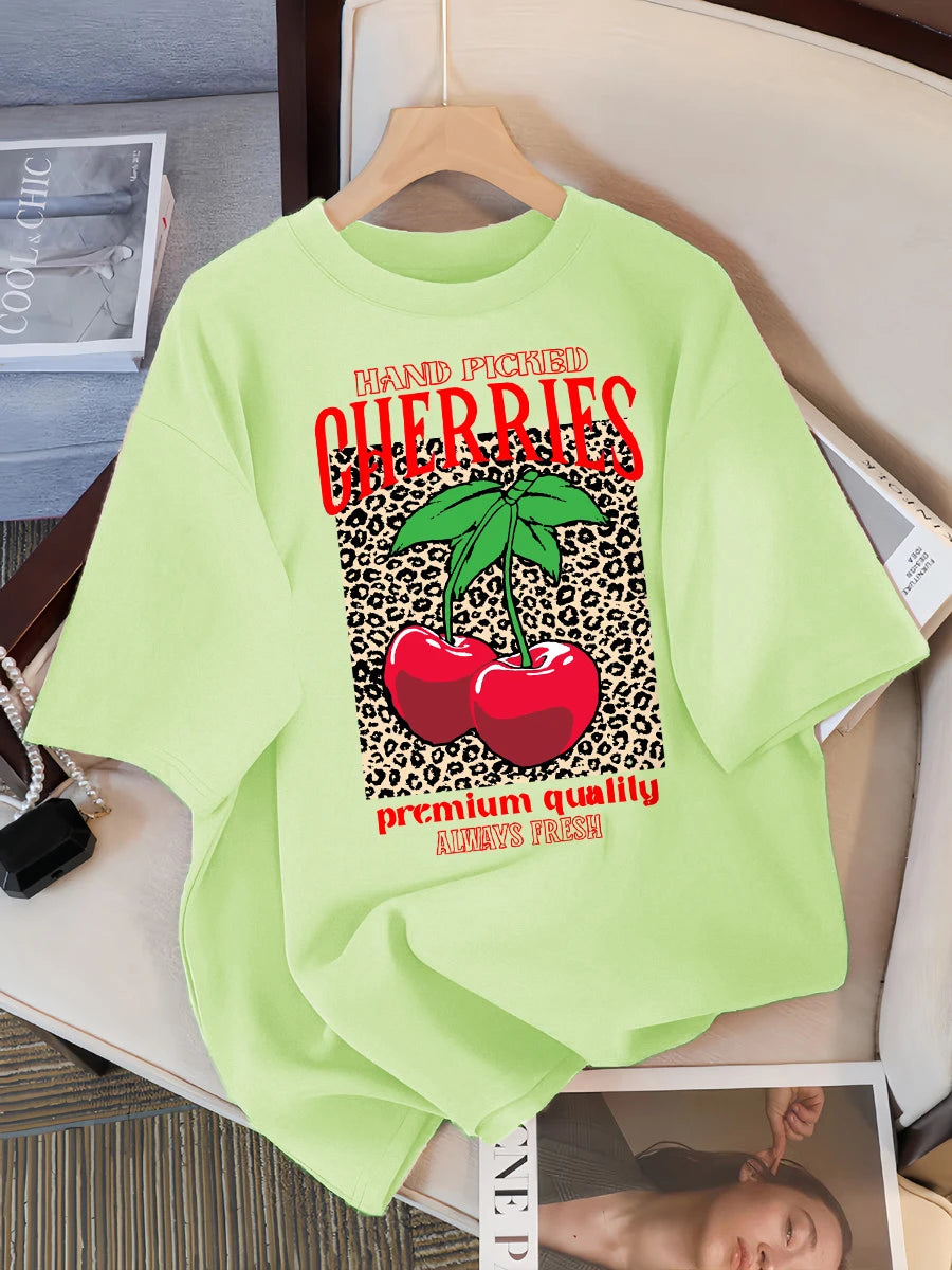 Hand Picked Cherries Always Fresh Printing T-Shirt Women Cotton Crewneck T Shirts Summer Loose Clothes Multicolor Short Sleeve
