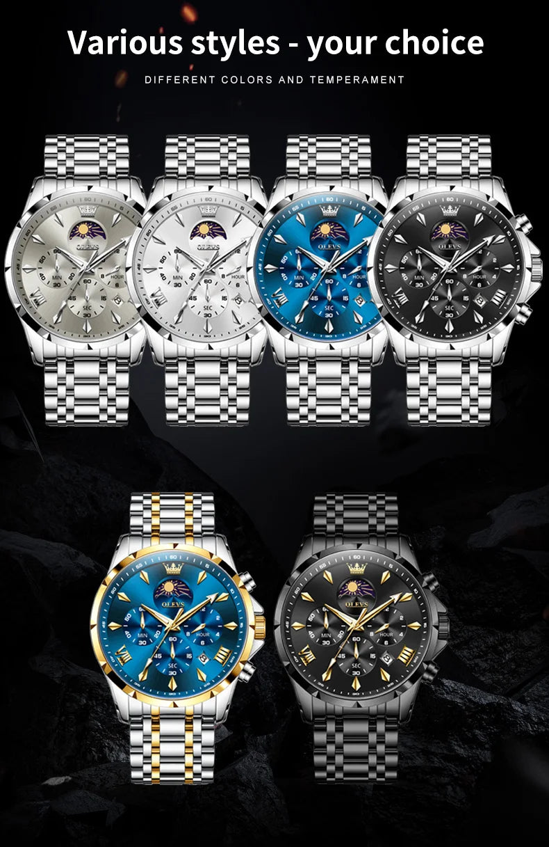 OLEVS 3653 Luminous Chronograph Stainless Steel Quartz Watch for Men Waterproof Sports Calendar Date Wristwatches Reloj Hombre