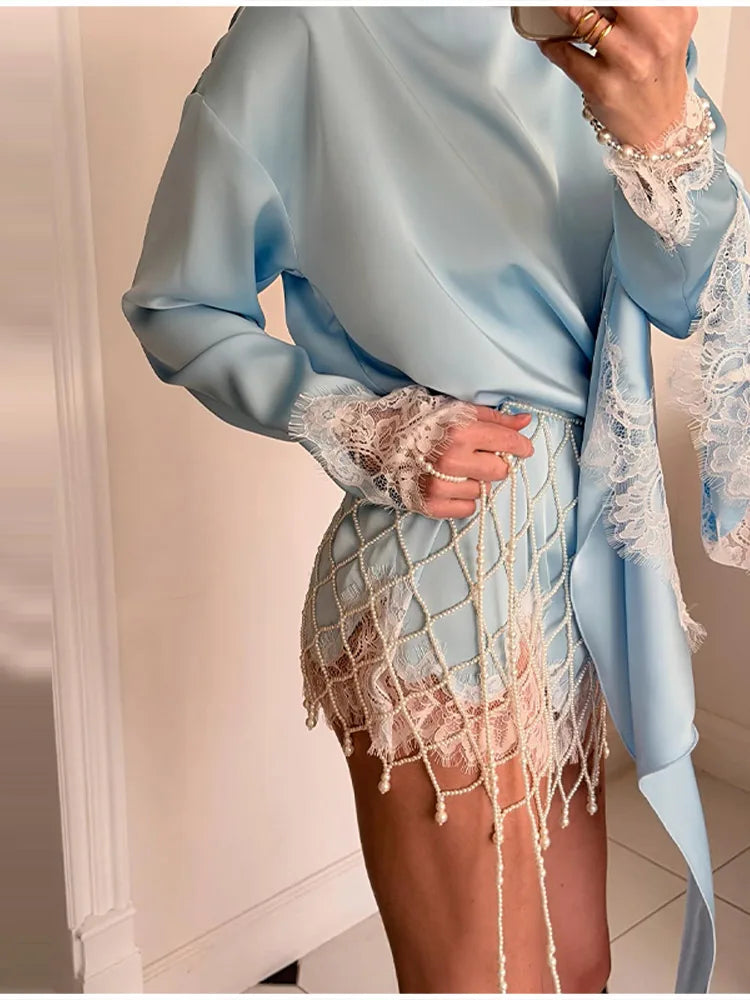 Elegant Modest Blouse Designers Satin Lace Retro Women Tops Spring Romantic Casual Chic Fashionable Streetwear