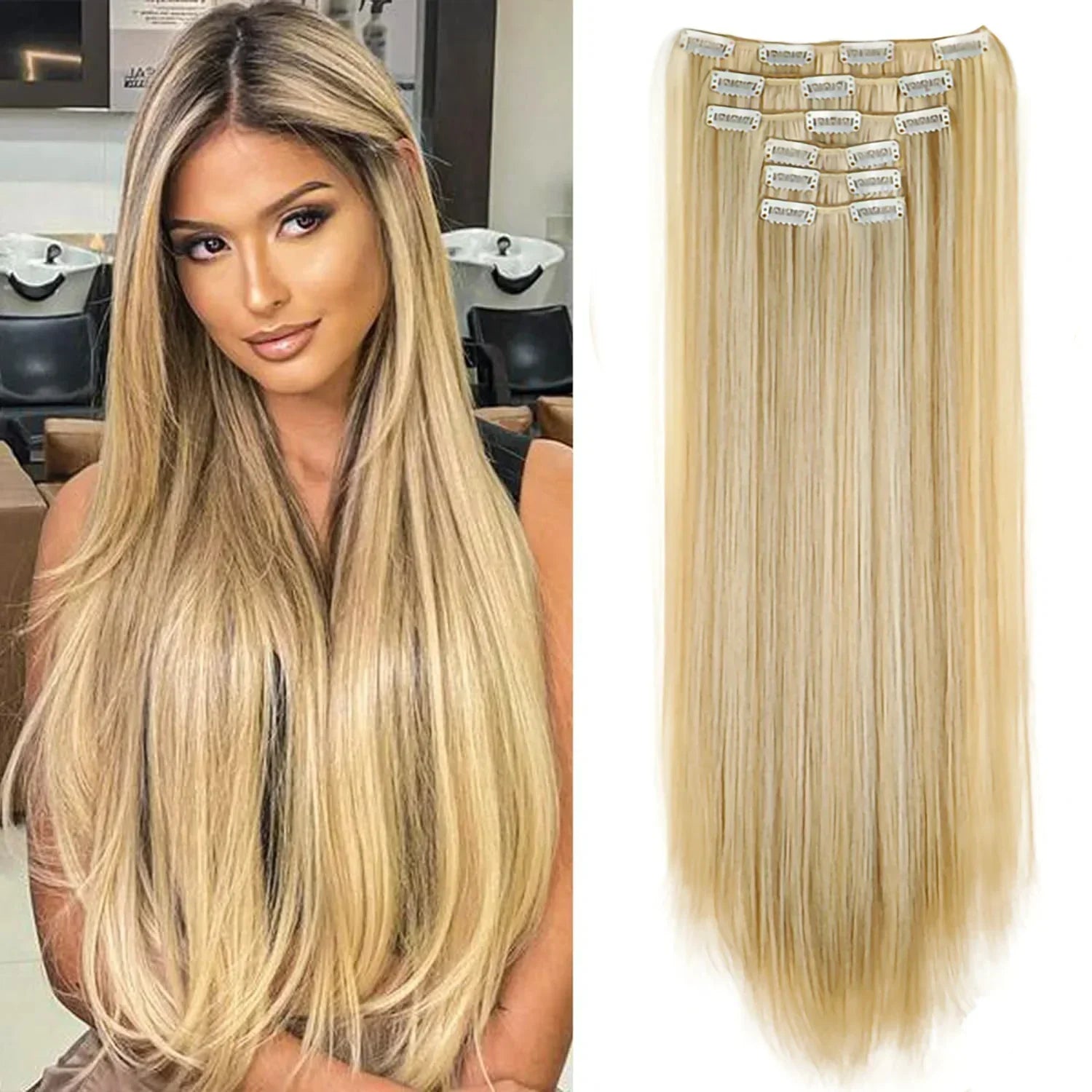 Black Hair Extensions 24"/60cm 6pcs/set Women Long Straight Synthetic Full Head Clip 16 Clips Ombre Heat Resistant Fiber Hair