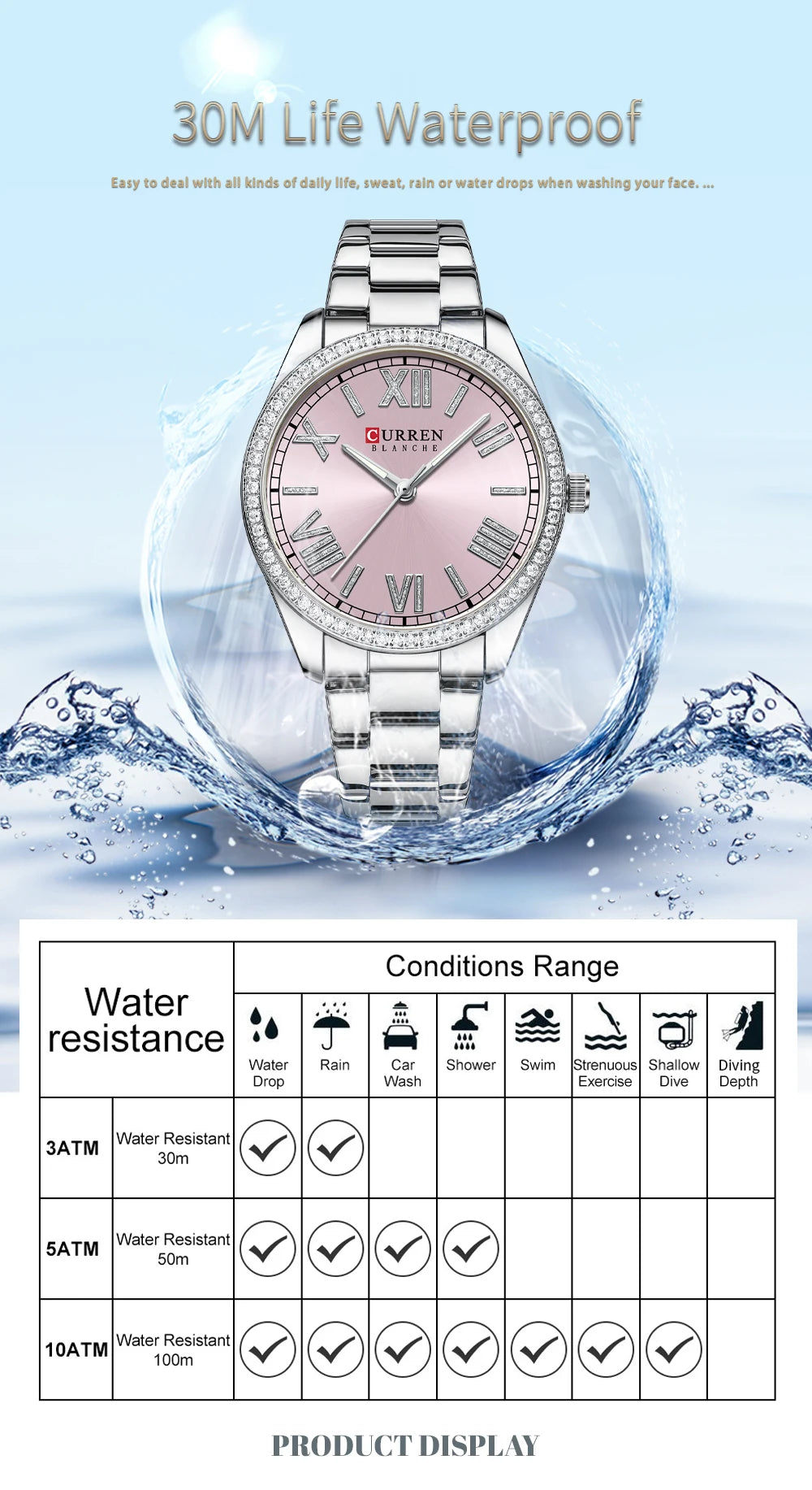 CURREN NEW Luxury Stainless Steel Wristwatches for Ladies Romantic Rose Pink with Rhinestones Roman Numeral Dial