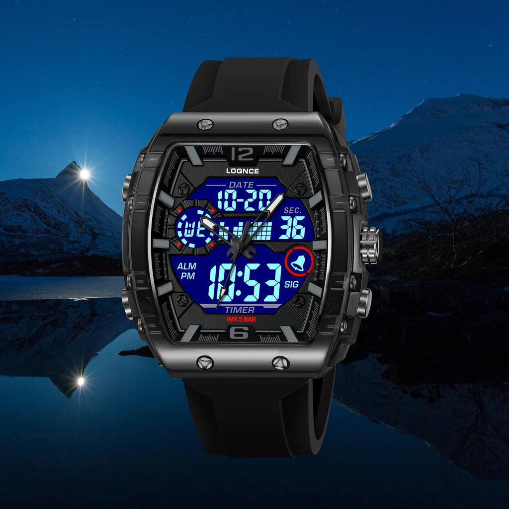 Fashion LOQNCE 98003 Men's Watch High Quality Analog-Digital Dual Movement Calendar Luminous 50M Waterproof Watch Silicone Band