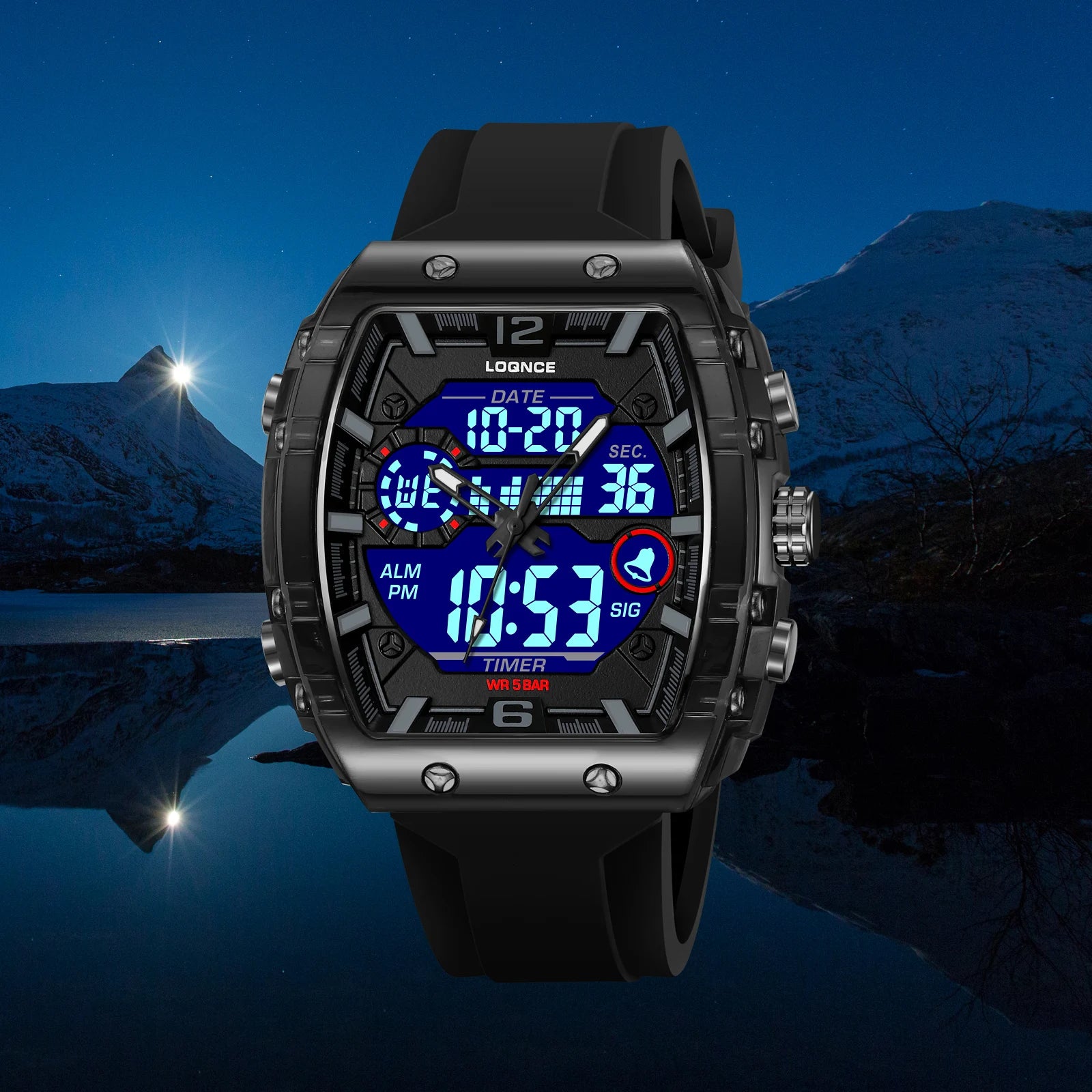 Fashion LOQNCE 98003 Men's Watch High Quality Analog-Digital Dual Movement Calendar Luminous 50M Waterproof Watch Silicone Band