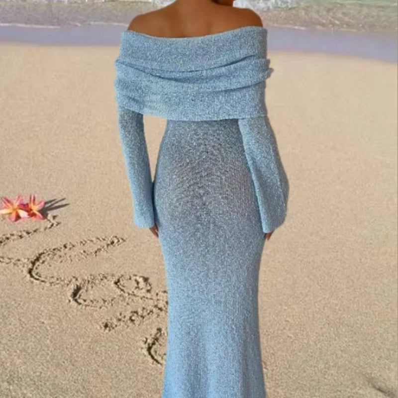 Fashion Style Knitted One-Shoulder See-Through Beachwear Cover Up Women's Beach Vacation Sunscreen Dress Elegant Long Dress