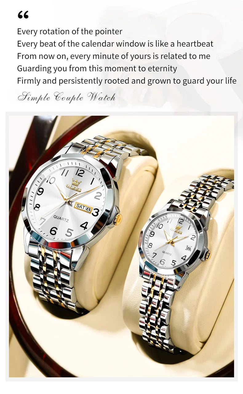 OLEVS 9970 Original Fashion Brand Quartz Couple Watch Luxury Stainless Steel Waterproof Glow Men's and Women's Gift Set Watch