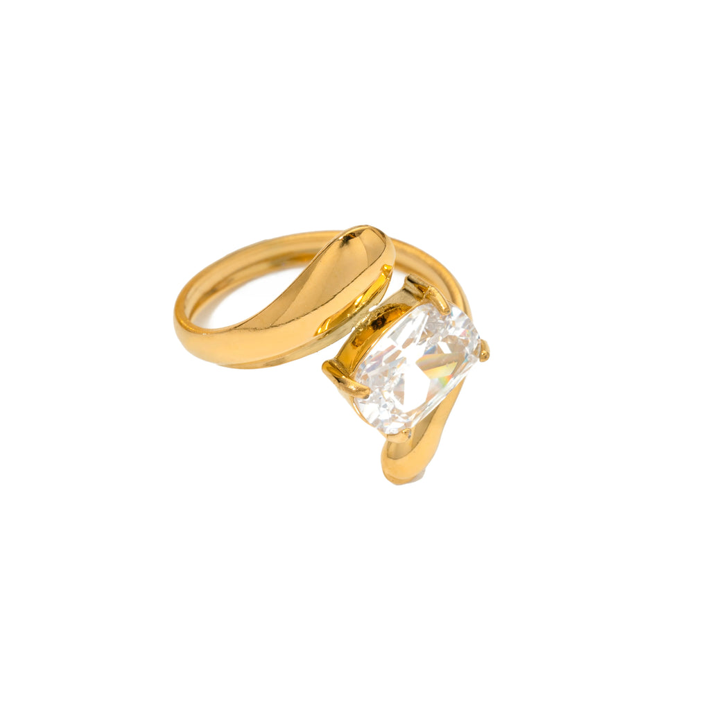 18K Gold Plated Stainless Steel Water Drop Shaped Large Zircon Opening Ring Anti Allergic Women Waterproof Statement Jewelry
