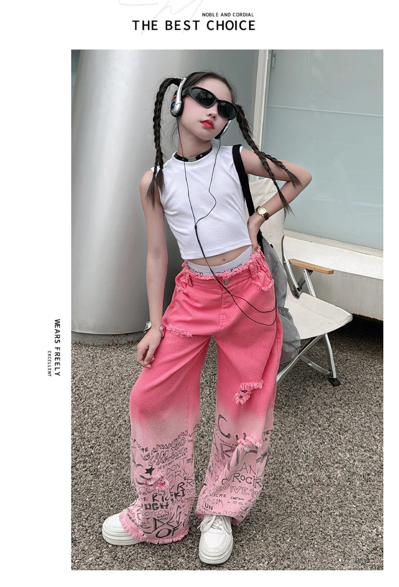 junior girls pink gradient color hole wide leg jeans cotton teenager kids Mop pants pant children trousers adolecentes 4 12 14
