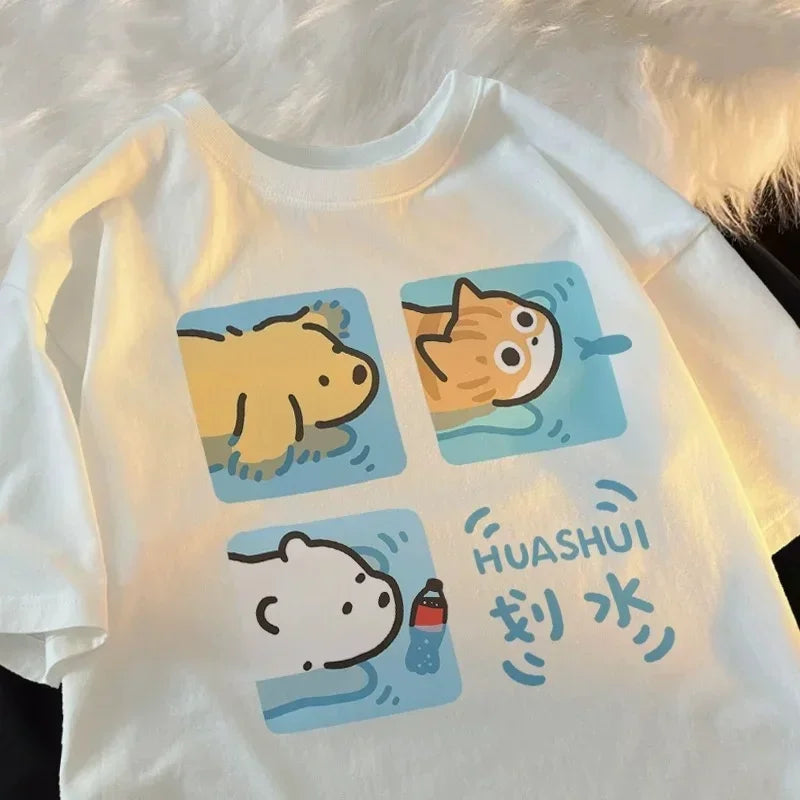 Cartoon Cute Cat and Dog Pattern Fun WomanT-Shirt Street Comfortable Soft Tops Creative Fashion Women's T-Shirt Clothing Y2K Top