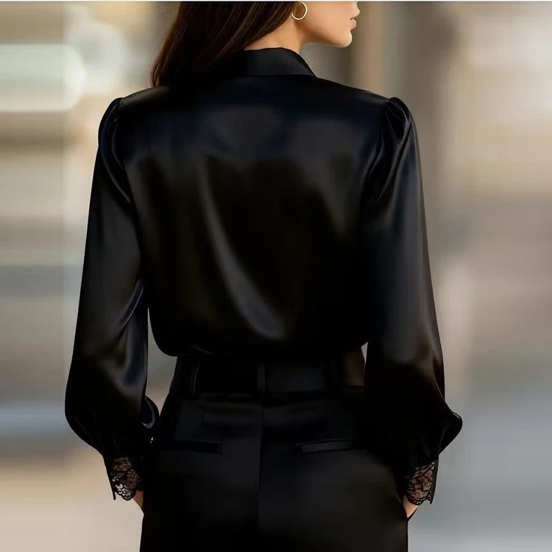 Elegant Blouses For Women Spring Autumn Satin Shirt Women Fashion Flare Long Sleeve Button Silk Blouse All Match Office Lady Top