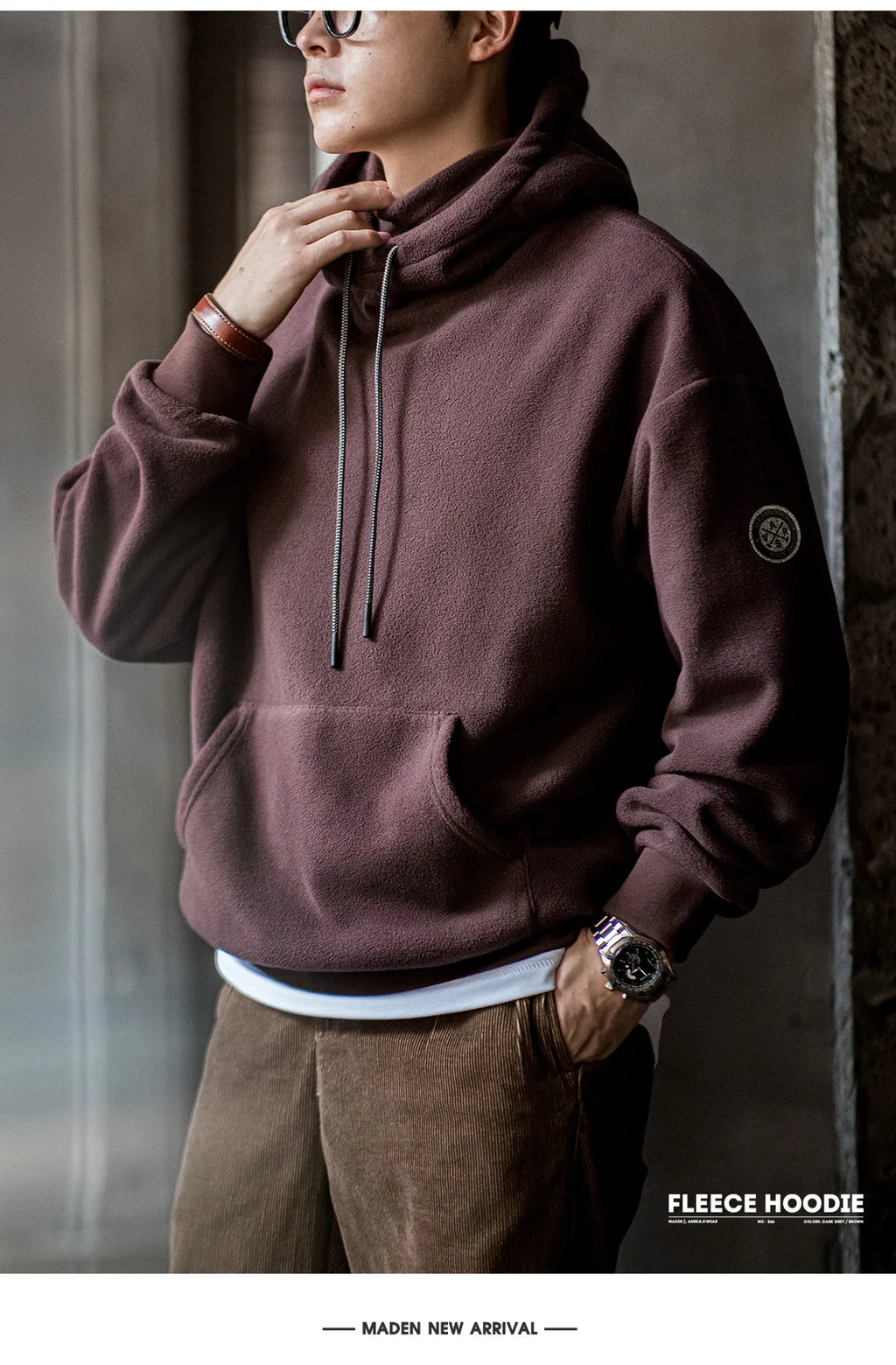 Maden Casual Polar Fleece Hooded Sweatshirt Solid Color Windproof Pullover with Face Mask Warm Tops for Men's Fall and Winter