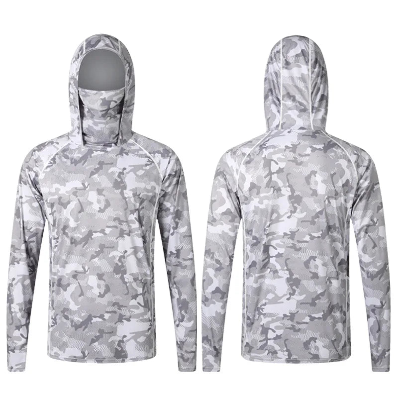 Camouflage Fishing T-shirt with Face Mask Long Sleeve Ice Silk Summer Fishing Shirt Breathable Sunscreen Hooded Fishing Top