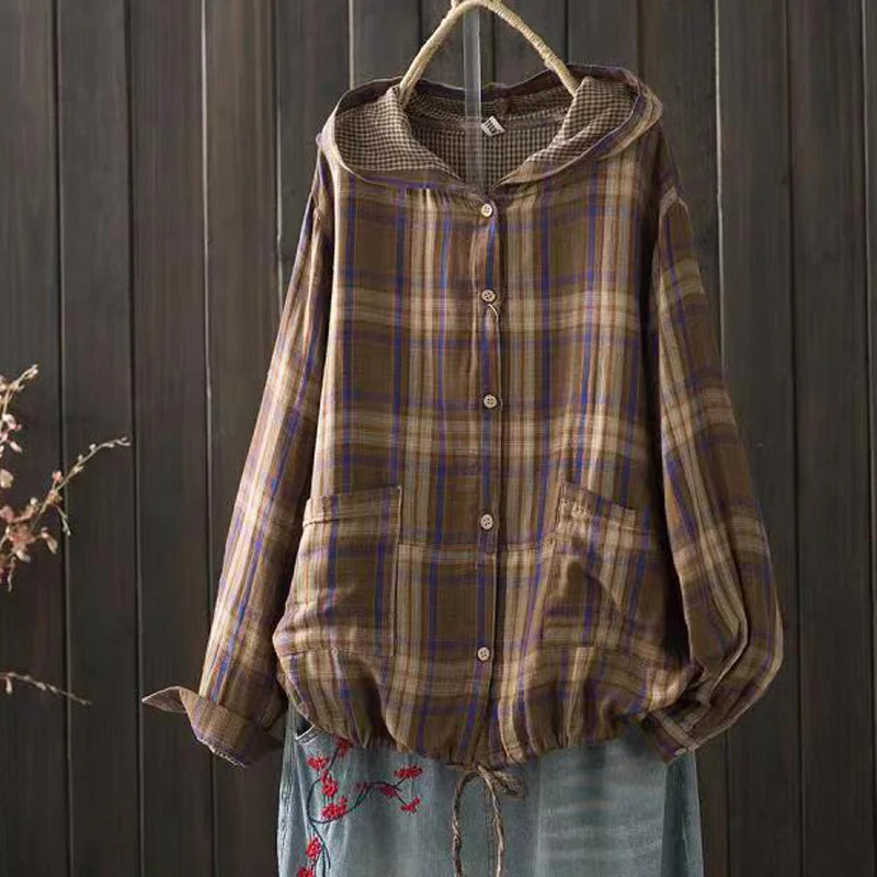 Large size blouses for women autumn hooded long sleeve single-breasted plaid shirts cotton checkered oversized shirt outwear