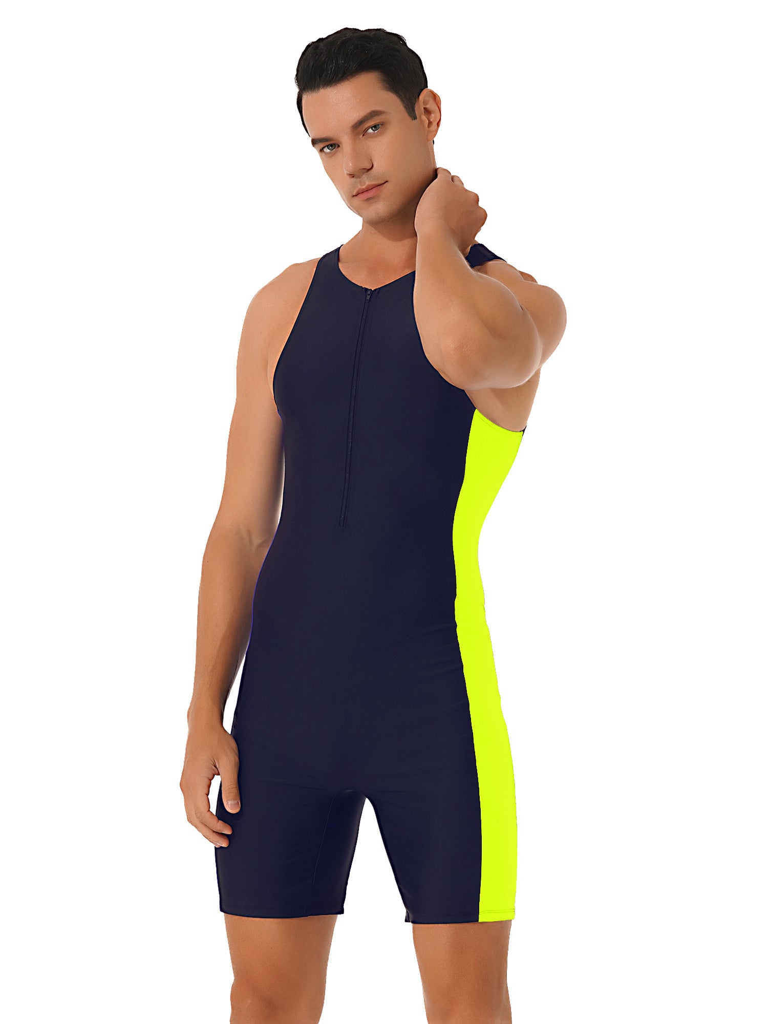 Mens Swimwear One-piece Wetsuit Swimming Bathing Suit Round Neck Sleeveless Side Shorts Bodysuit Triathlon Front Zipper Swimsuit